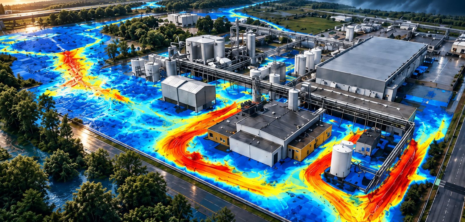 Illustration of an industrial site with a colored flood visualization around the buildings.